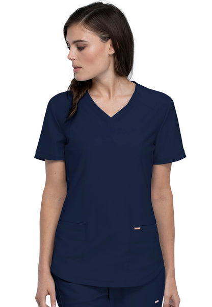 Curved Hemline V-Neck Scrub Top - Navy