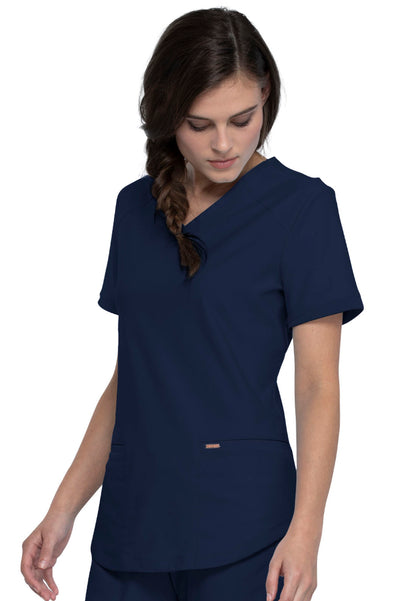 Curved Hemline V-Neck Scrub Top - Navy