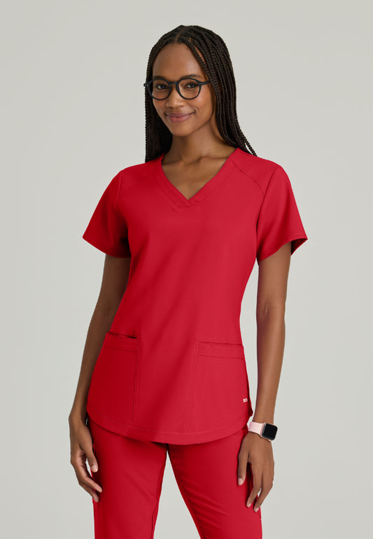 Grey's Anatomy™ Evolve "Rhythm" 2-Pocket Piped V-Neck Top - True Red