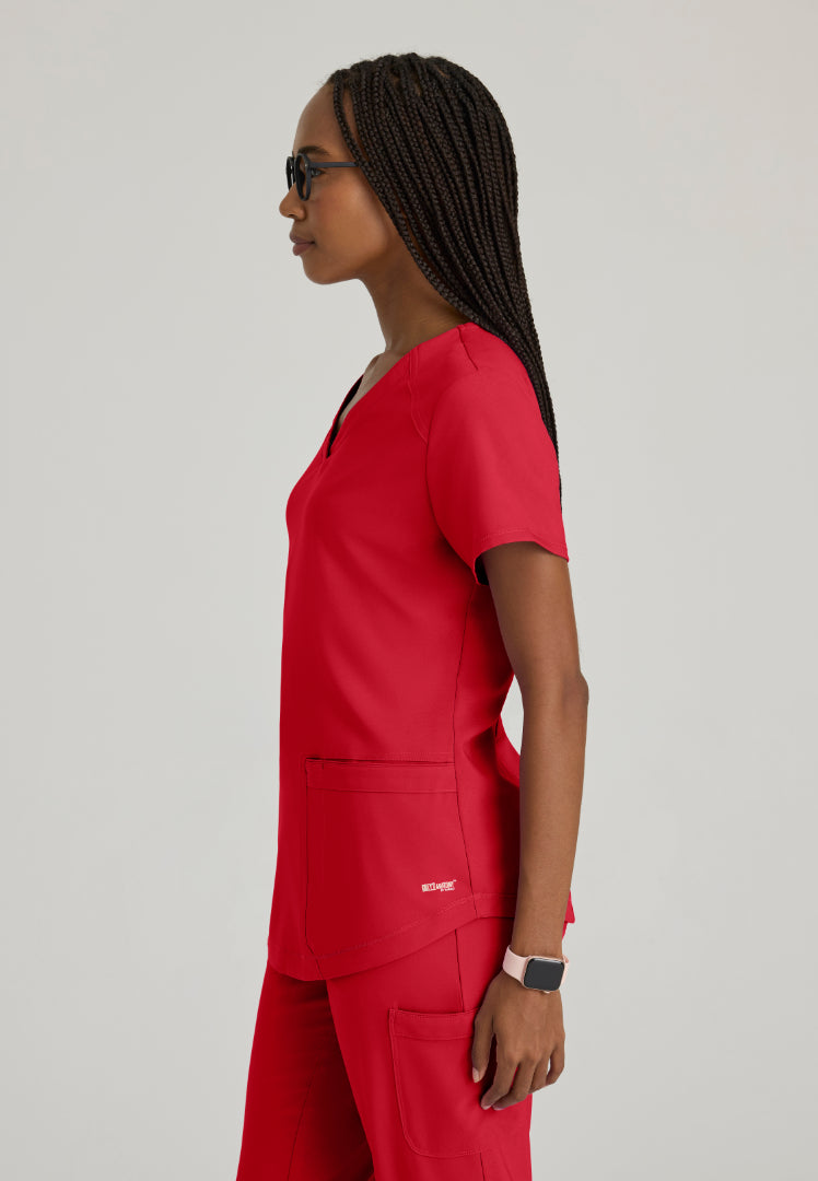 Grey's Anatomy™ Evolve "Rhythm" 2-Pocket Piped V-Neck Top - True Red