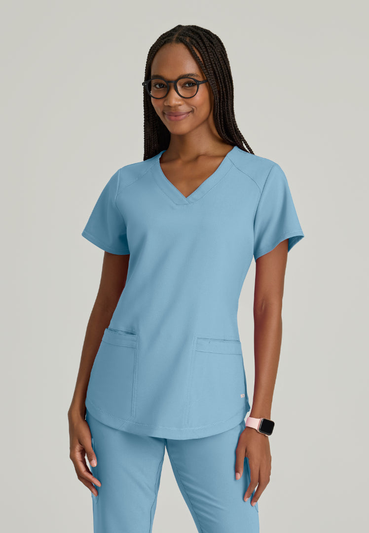 Grey's Anatomy™ Evolve "Rhythm" 2-Pocket Piped V-Neck Top - Ocean Mist