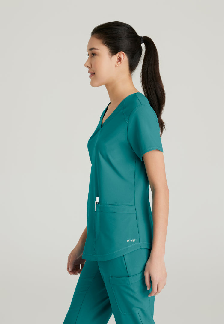 Grey's Anatomy™ Evolve "Rhythm" 2-Pocket Piped V-Neck Top - Teal