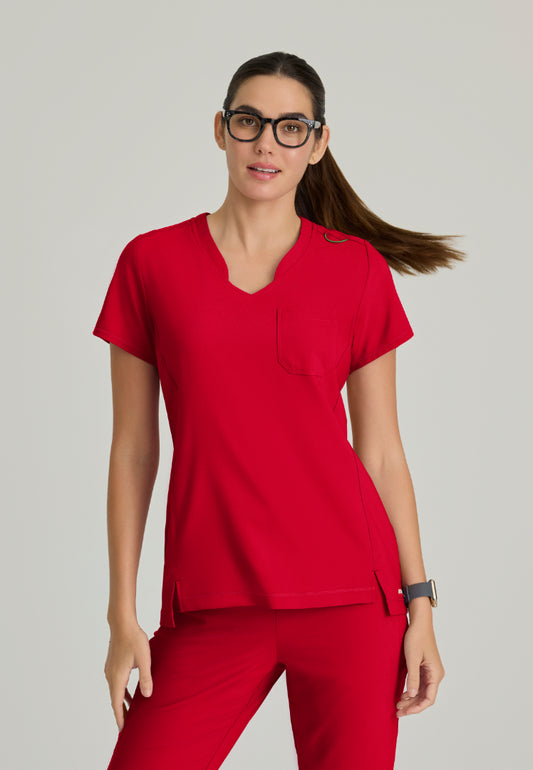 Haut à col en V à bandes « Sway » Grey's Anatomy™ Evolve - True Red