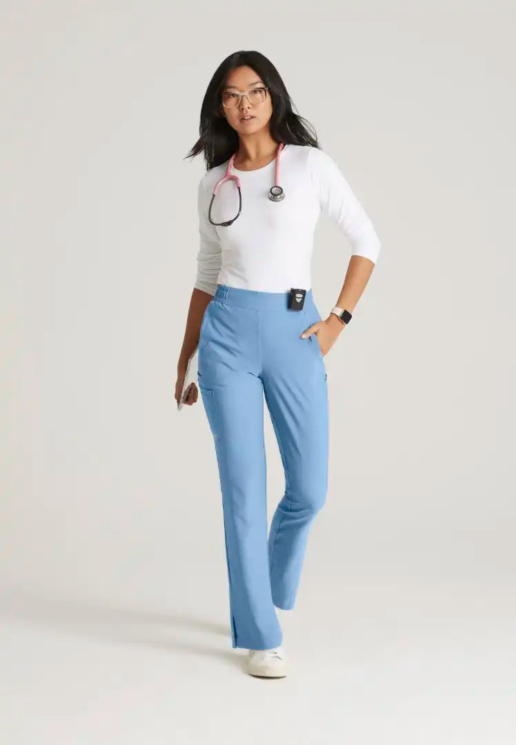 Grey's Anatomy™ Evolve "Cosmo" 6-Pocket Mid-Rise Tapered Leg Pant - Ciel Blue - The Uniform Store