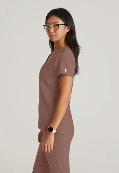 Grey's Anatomy™ Evolve "Sway" Banded V-Neck Tuck-In Top - Driftwood - The Uniform Store