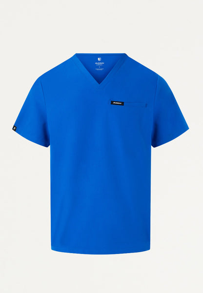 Jaanuu royal blue Platt v-neck scrub shirt with a logo on a light gray background