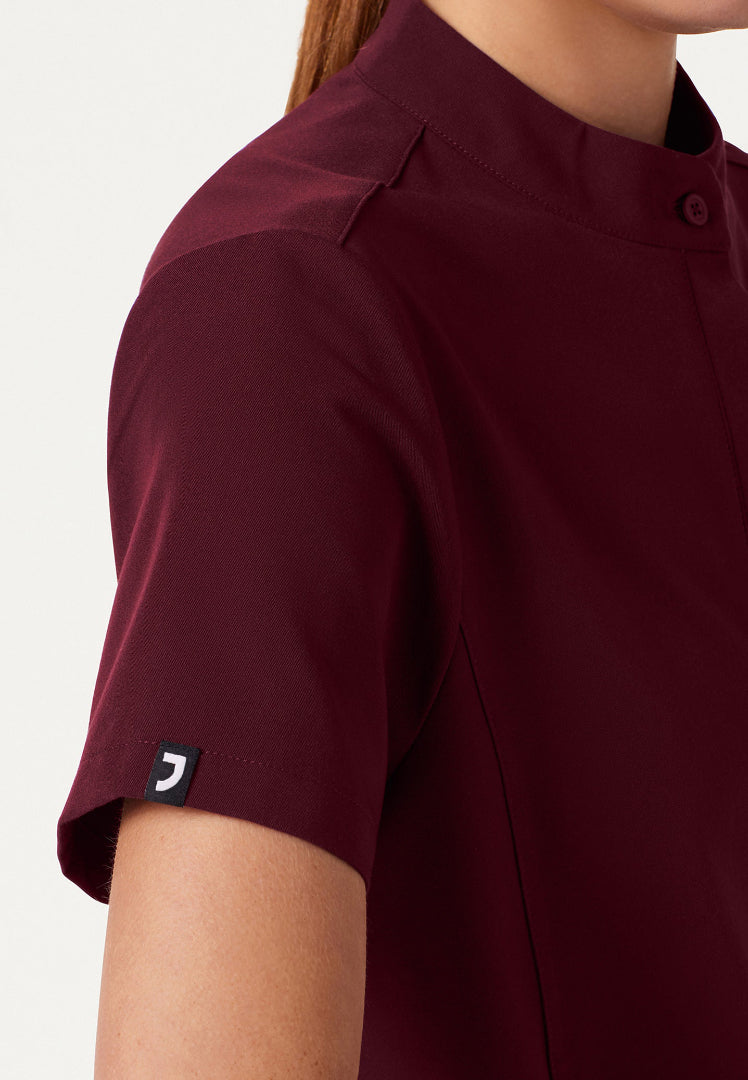 Savi Tuck-In Stand-Collar Scrub Top - Burgundy