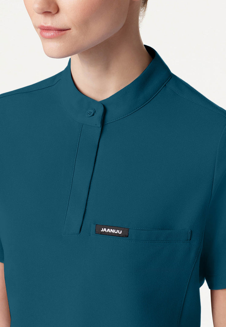 Savi Tuck-In Stand-Collar Scrub Top - Caribbean Blue