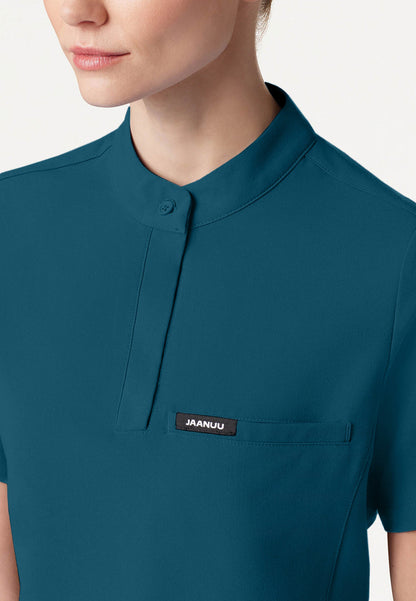 Savi Tuck-In Stand-Collar Scrub Top - Caribbean Blue