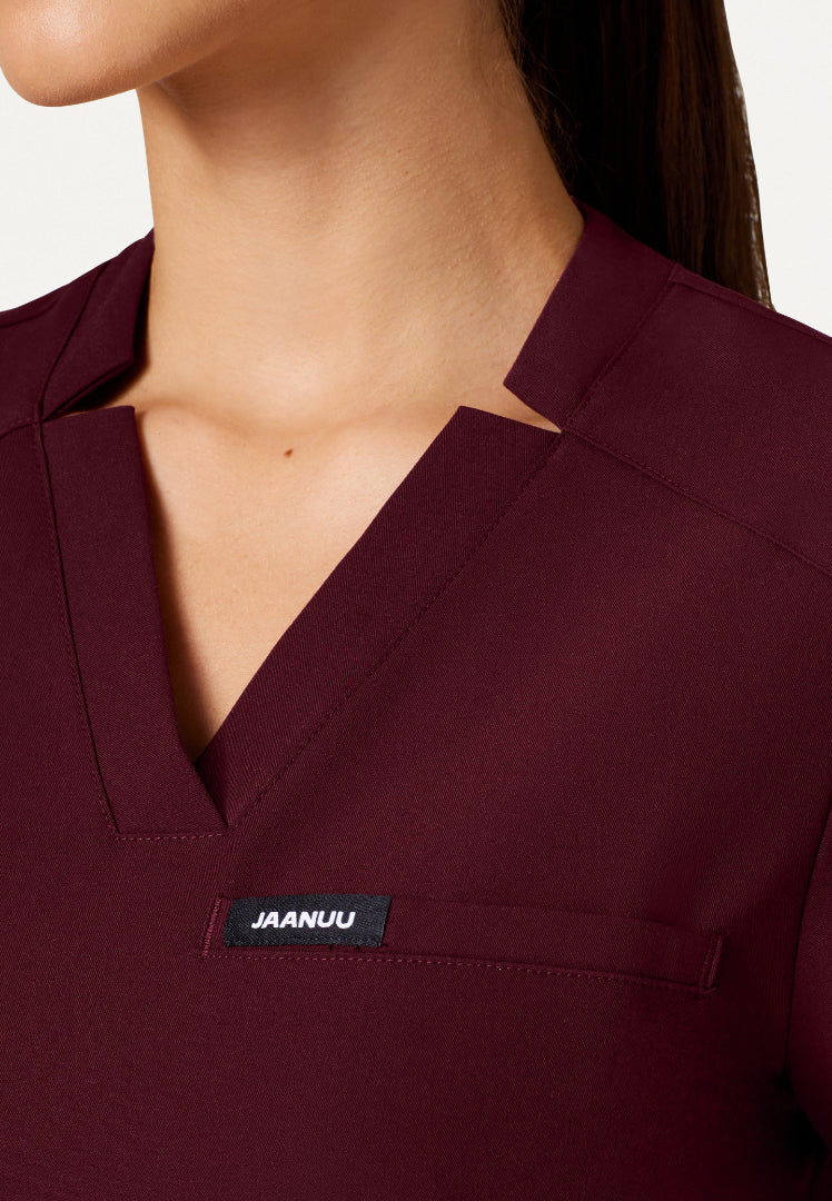 Helia Slim Notched V-Neck Scrub Top - Burgundy