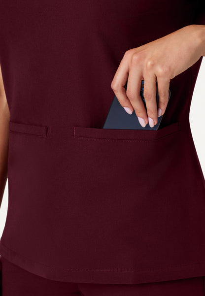 Helia Slim Notched V-Neck Scrub Top - Burgundy