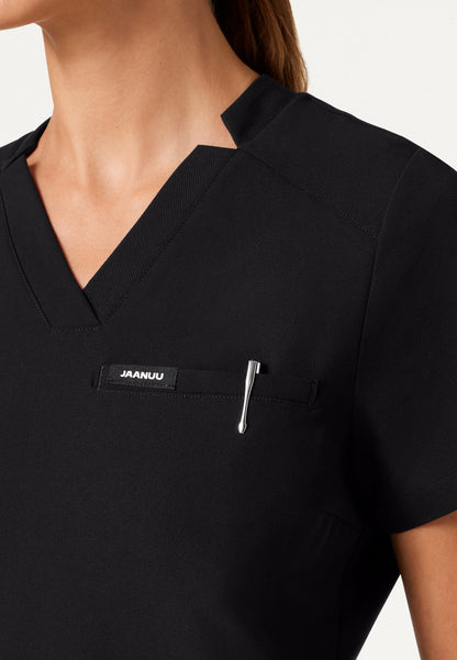 Helia Slim Notched V-Neck Scrub Top - Black