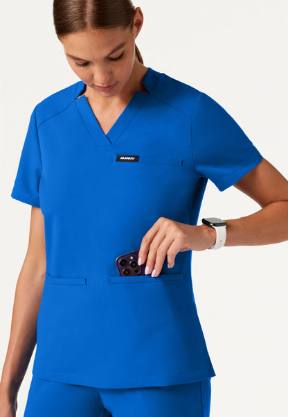 Blusa médica Helia Slim con cuello en V y muescas - Azul rey