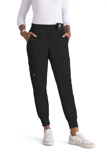 Grey's Anatomy™ Spandex Stretch "Carly" 7-Pocket Mid-Rise Jogger Scrub Pant - Black - The Uniform Store