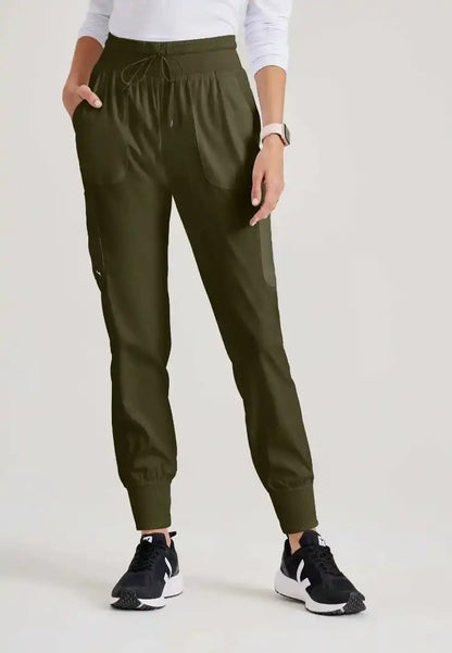 Grey's Anatomy™ Spandex Stretch "Carly" 7-Pocket Mid-Rise Jogger Scrub Pant - Olive - The Uniform Store