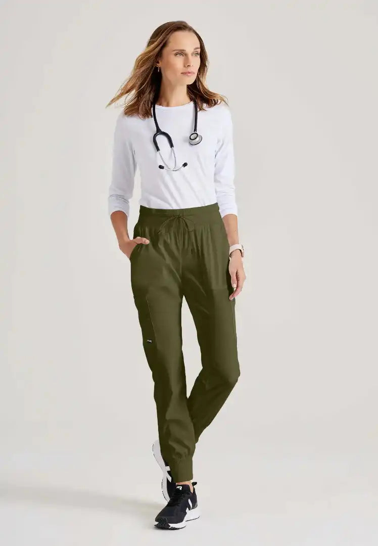 Grey's Anatomy™ Spandex Stretch "Carly" 7-Pocket Mid-Rise Jogger Scrub Pant - Olive - The Uniform Store