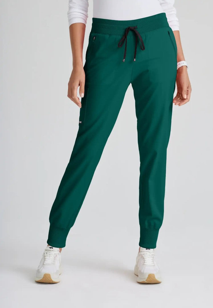 Grey's Anatomy™ Spandex Stretch "Eden" 5-Pocket Mid-Rise Jogger Scrub Pant - Hunter Green - The Uniform Store