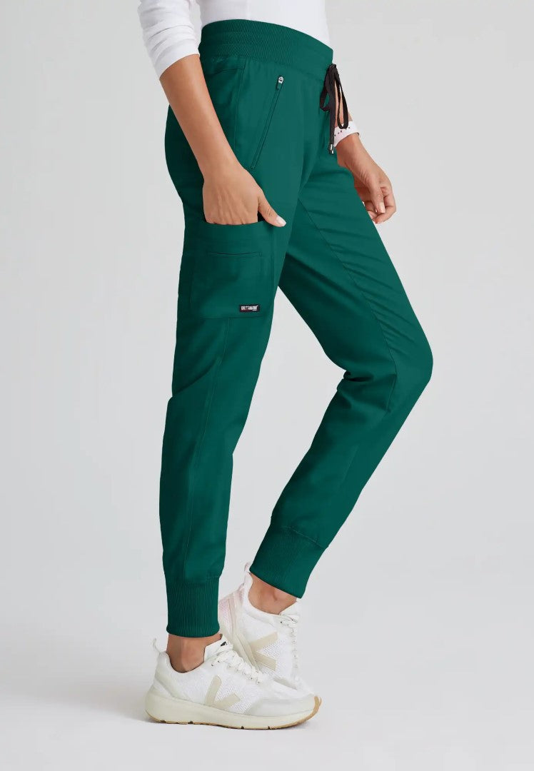 Grey's Anatomy™ Spandex Stretch "Eden" 5-Pocket Mid-Rise Jogger Scrub Pant - Hunter Green - The Uniform Store