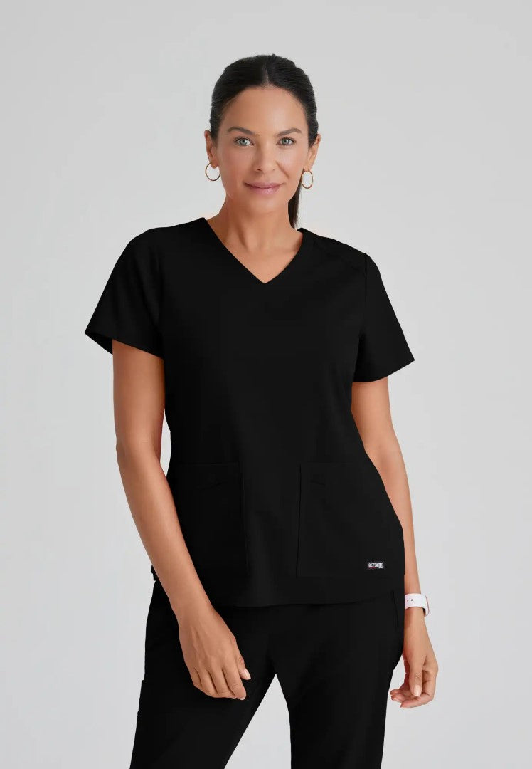 Grey's Anatomy™ Spandex Stretch "Emma" 4-Pocket V-Neck Scrub Top - Black - The Uniform Store