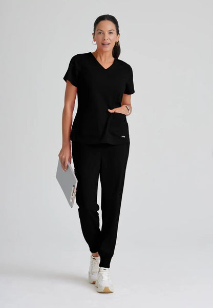 Grey's Anatomy™ Spandex Stretch "Emma" 4-Pocket V-Neck Scrub Top - Black - The Uniform Store