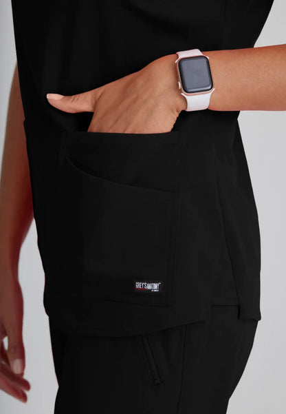 Grey's Anatomy™ Spandex Stretch "Emma" 4-Pocket V-Neck Scrub Top - Black - The Uniform Store