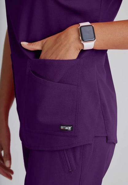 Grey's Anatomy™ Spandex Stretch "Emma" 4-Pocket V-Neck Scrub Top - Eggplant - The Uniform Store