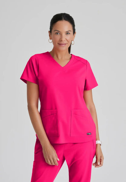 Grey's Anatomy™ Spandex Stretch "Emma" 4-Pocket V-Neck Scrub Top - Vibrance Pink - The Uniform Store