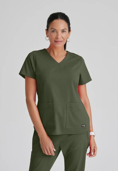 Grey's Anatomy™ Spandex Stretch "Emma" 4-Pocket V-Neck Scrub Top - Olive - The Uniform Store
