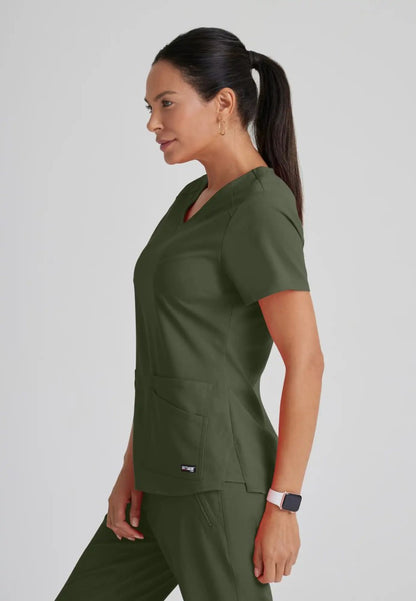 Grey's Anatomy™ Spandex Stretch "Emma" 4-Pocket V-Neck Scrub Top - Olive - The Uniform Store