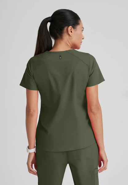 Grey's Anatomy™ Spandex Stretch "Emma" 4-Pocket V-Neck Scrub Top - Olive - The Uniform Store