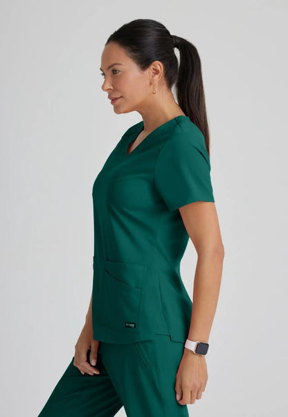 Grey's Anatomy™ Spandex Stretch "Emma" 4-Pocket V-Neck Scrub Top - Hunter Green - The Uniform Store