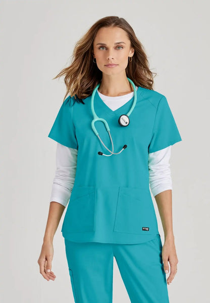 Grey's Anatomy™ Spandex Stretch "Emma" 4-Pocket V-Neck Scrub Top - Teal - The Uniform Store