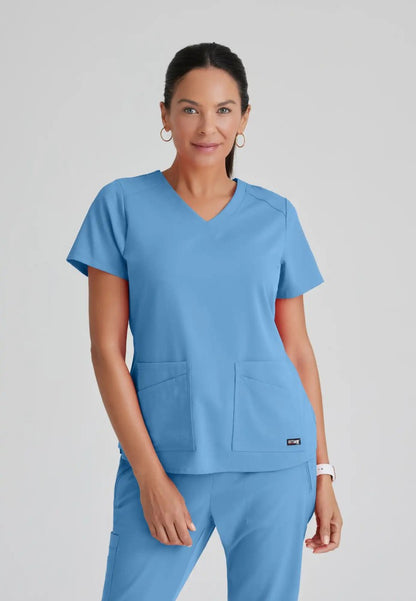 Grey's Anatomy™ Spandex Stretch "Emma" 4-Pocket V-Neck Scrub Top - Ciel Blue - The Uniform Store