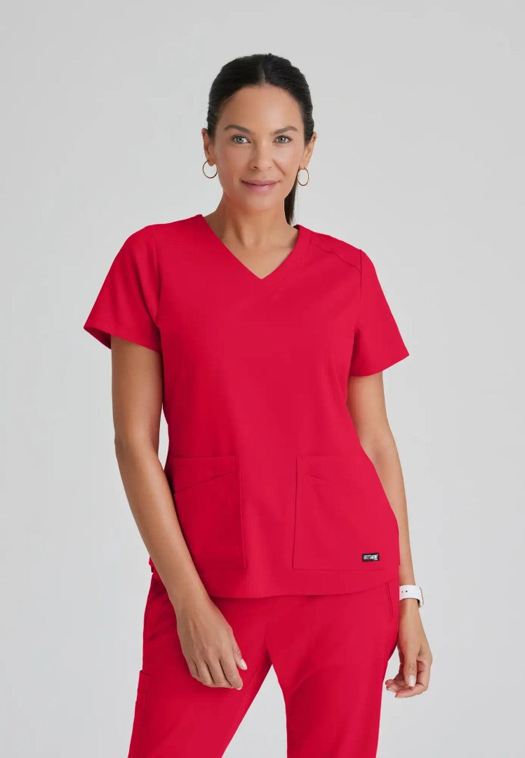 Grey's Anatomy™ Spandex Stretch "Emma" 4-Pocket V-Neck Scrub Top - Scarlet Red - The Uniform Store