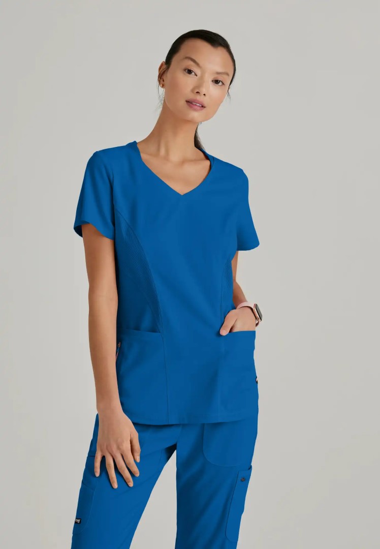 Grey's Anatomy™ Spandex Stretch "Carly" 3-Pocket Curved V-Neck Scrub Top - New Royal - The Uniform Store