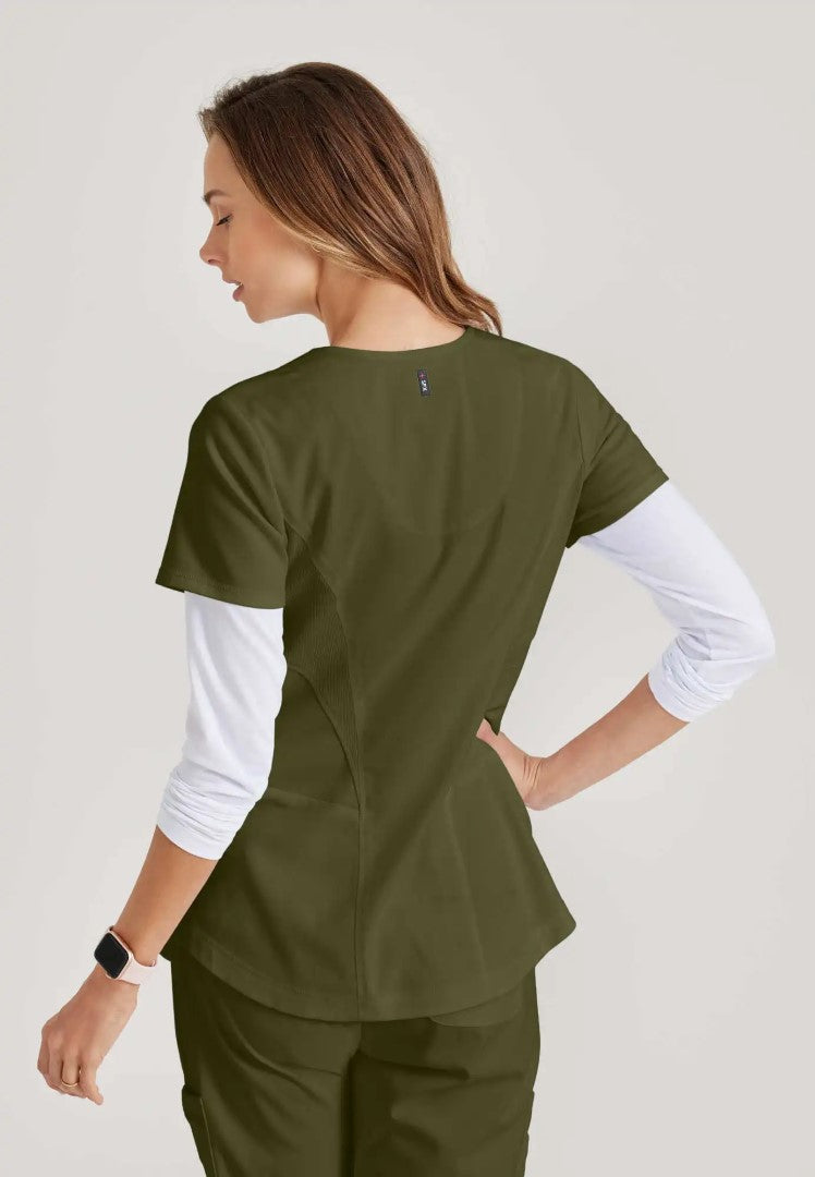 Grey's Anatomy™ Spandex Stretch "Carly" 3-Pocket Curved V-Neck Scrub Top - Olive - The Uniform Store