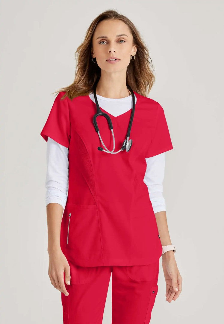 Haut d'uniforme médical incurvé à 3 poches et col en V Carly - Rouge écarlate
