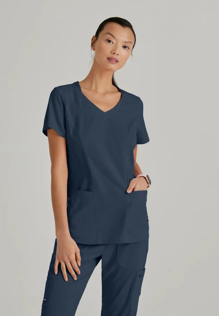 Grey's Anatomy™ Spandex Stretch "Carly" 3-Pocket Curved V-Neck Scrub Top - Steel - The Uniform Store