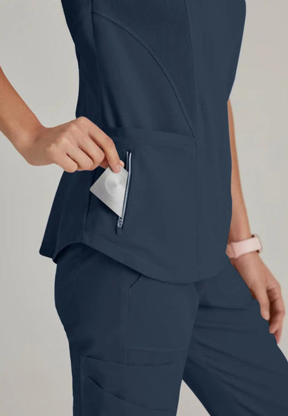 Grey's Anatomy™ Spandex Stretch "Carly" 3-Pocket Curved V-Neck Scrub Top - Steel - The Uniform Store