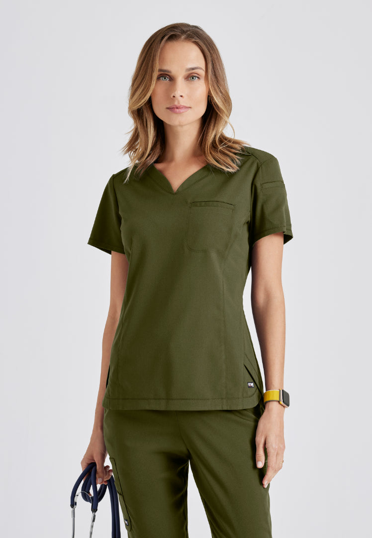 Grey's Anatomy™ Spandex Stretch "Capri" 2-Pocket Scrub Top - Olive