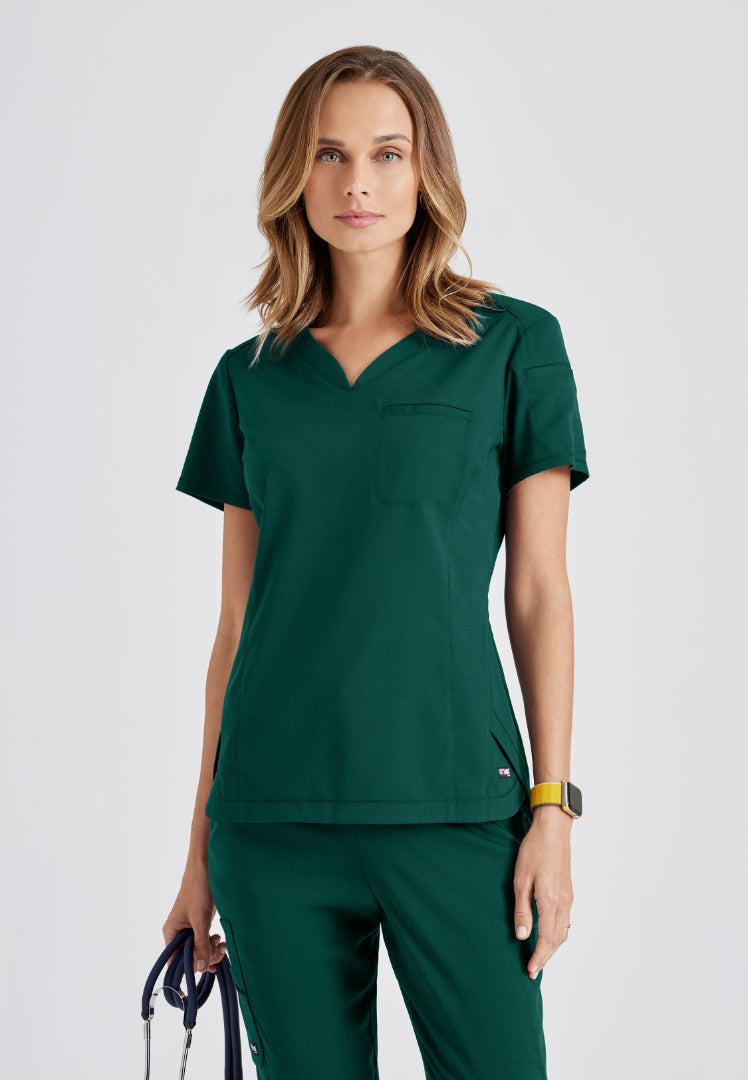 Grey's Anatomy™ Spandex Stretch "Capri" 2-Pocket Scrub Top - Hunter Green