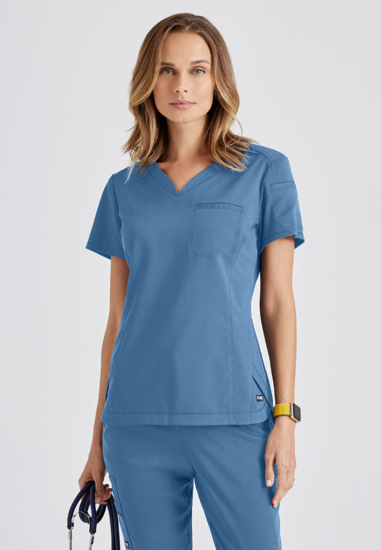 Grey's Anatomy™ Spandex Stretch "Capri" 2-Pocket Scrub Top - Ciel Blue