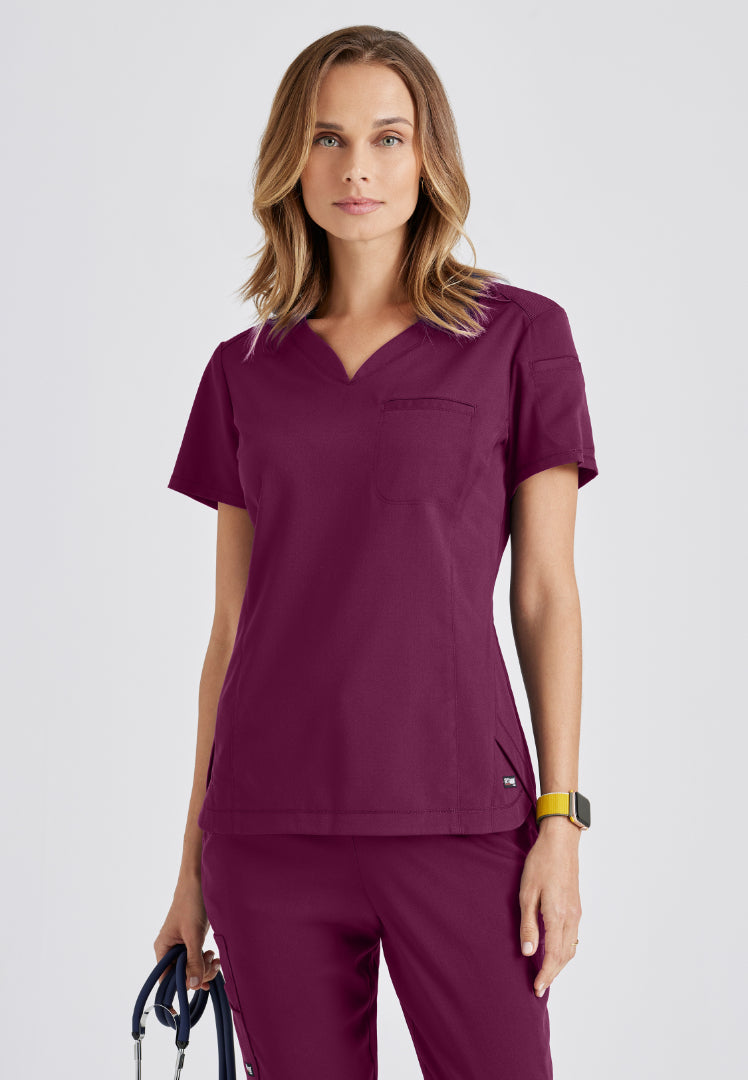 Grey's Anatomy™ Spandex Stretch "Capri" 2-Pocket Scrub Top - Wine