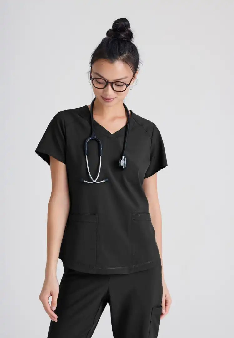 Grey's Anatomy™ Evolve "Rhythm" 2-Pocket Piped V-Neck Top - Black - The Uniform Store