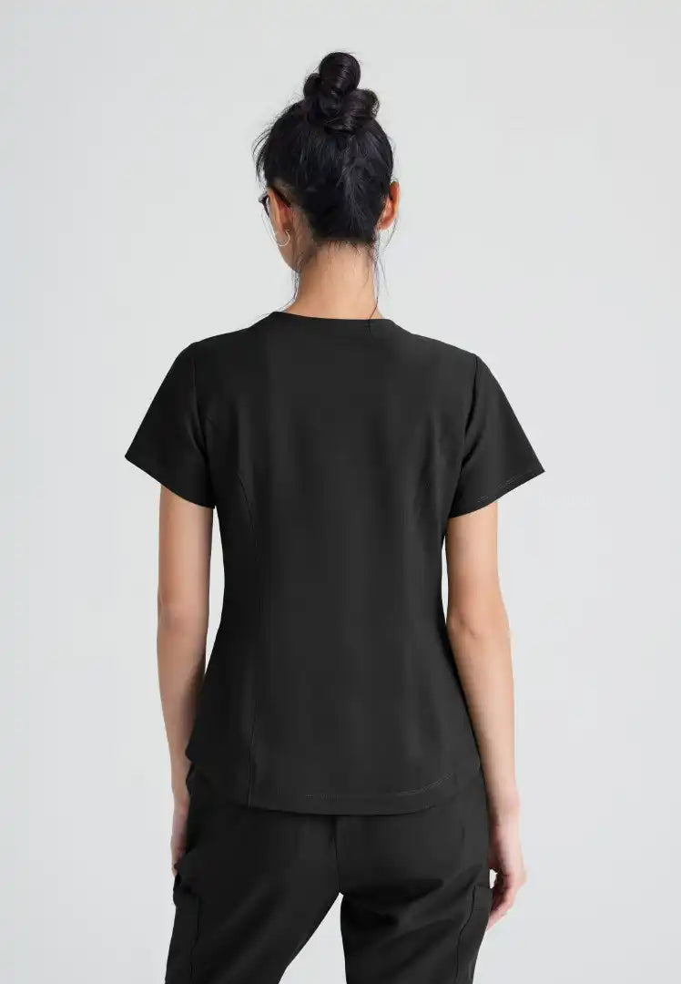 Grey's Anatomy™ Evolve "Rhythm" 2-Pocket Piped V-Neck Top - Black - The Uniform Store