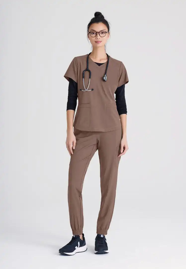 Grey's Anatomy™ Evolve "Rhythm" 2-Pocket Piped V-Neck Top - Driftwood - The Uniform Store