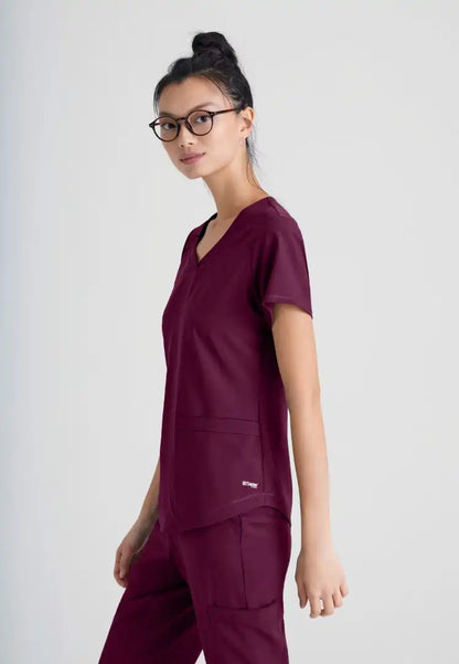 Grey's Anatomy™ Evolve "Rhythm" 2-Pocket Piped V-Neck Top - Wine - The Uniform Store