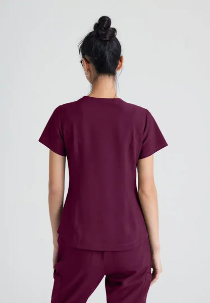 Grey's Anatomy™ Evolve "Rhythm" 2-Pocket Piped V-Neck Top - Wine - The Uniform Store