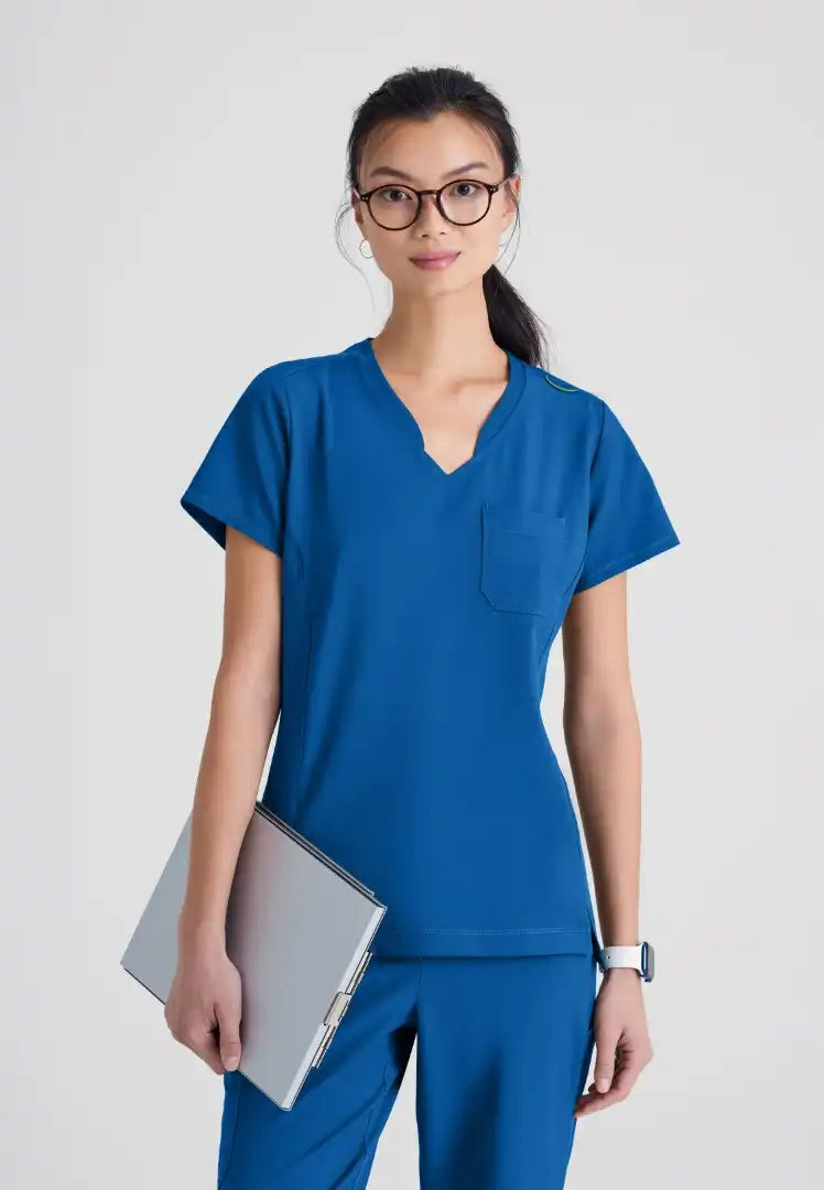 Grey's Anatomy™ Evolve "Sway" Banded V-Neck Tuck-In Top - New Royal - The Uniform Store