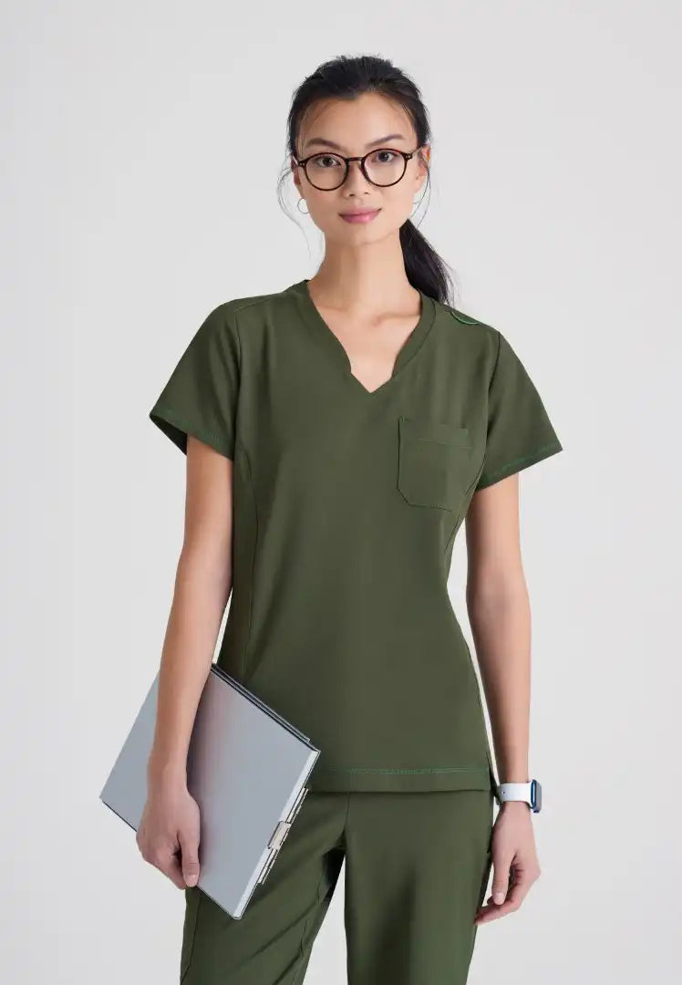 Grey's Anatomy™ Evolve "Sway" Banded V-Neck Tuck-In Top - Fern - The Uniform Store